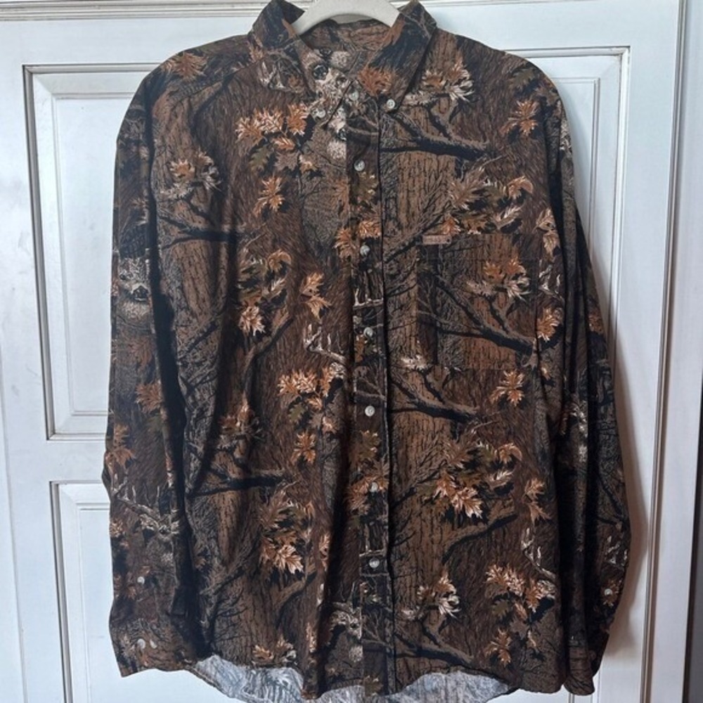 Outdoor Life Mens Large Button Down Shirt Brown Deer Woodland Camo Gorpcore
